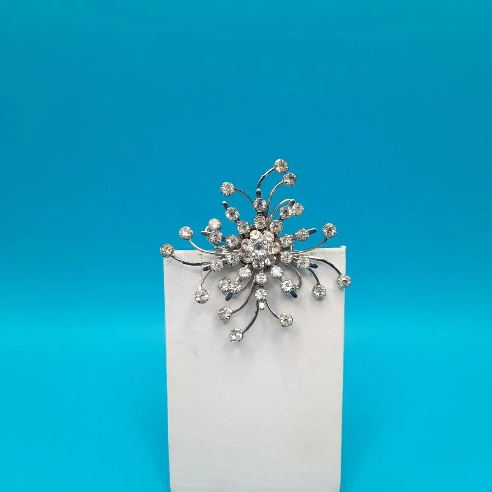 Vintage Rhinestone Starburst Brooch Silver Tone Bridal Pin 2.5”